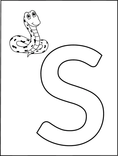 A huge outlined capital letter S fills the page with a small spotted snake in the top corner.