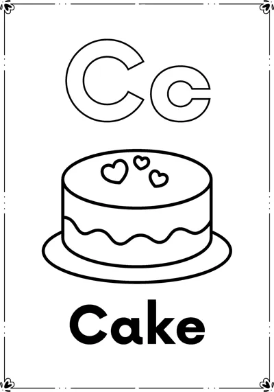 Outlined letters Cc above a layered cake decorated with hearts and the word Cake, inside a decorative frame.