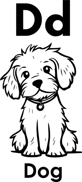 The letters Dd above a fluffy puppy sitting with a collar, and the word Dog printed below.