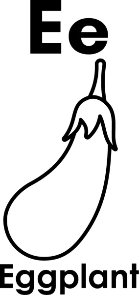 The letters Ee above a large eggplant with a leafy stem, and the word Eggplant printed below.