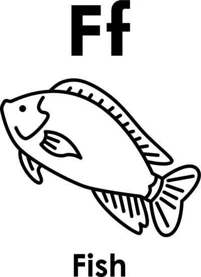 The letters Ff above a fish with scales, fins and a forked tail, and the word Fish printed below.