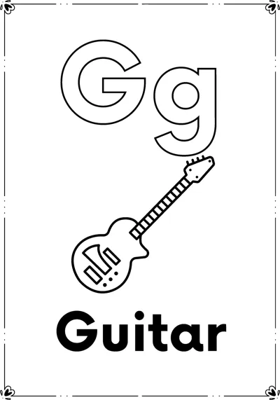 Outlined letters Gg above an electric guitar and the word Guitar, inside a decorative frame.