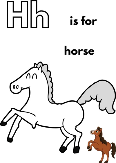 A large outlined letter H, the words is for horse, and a horse rearing with a flowing mane.