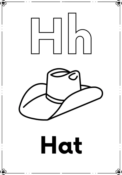 Outlined letters Hh above a wide-brimmed cowboy hat and the word Hat, inside a decorative frame.