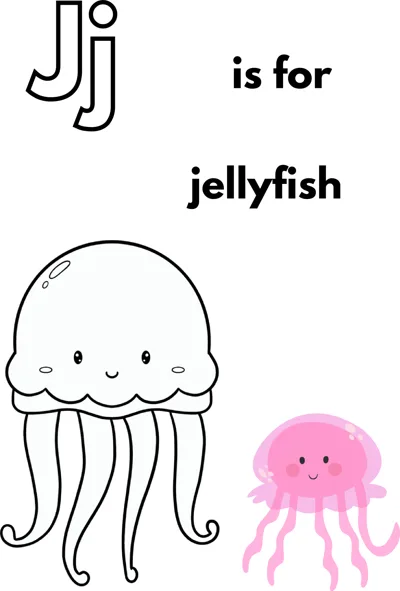 A large outlined letter J, the words is for jellyfish, and a smiling jellyfish with long wavy tentacles.