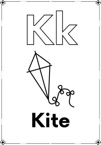 Outlined letters Kk above a diamond kite with a bowed tail and the word Kite, inside a decorative frame.
