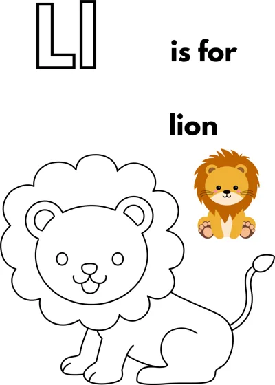 A large outlined letter L, the words is for lion, and a cartoon lion sitting with a big fluffy mane.