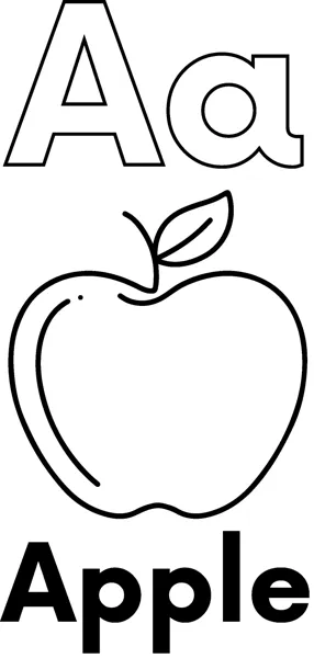 A large outlined letter A above a round apple with a stem and one leaf, labeled Apple.