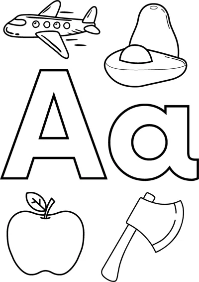 Big bubble letters A and a surrounded by an airplane, an avocado, an apple and an axe.