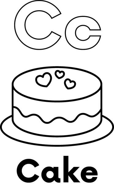 A large outlined letter C above a round layered cake topped with three small hearts, labeled Cake.