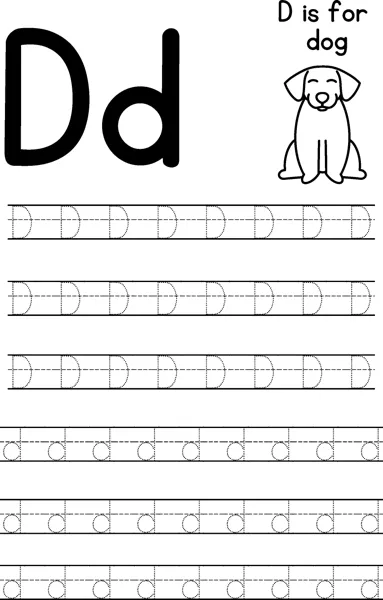 Large letters D and d beside a sitting puppy, with rows of dotted letters to trace below.