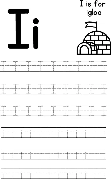 Large letters I and i beside an igloo with a flag, with rows of dotted letters to trace below.