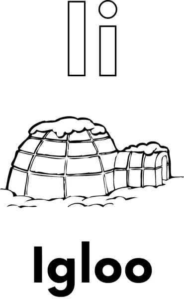 A large outlined letter I above a dome igloo made of snow blocks with a small entrance tunnel, labeled Igloo.