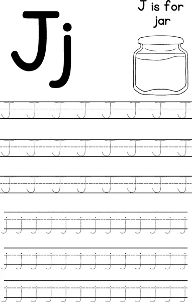 Large letters J and j beside a glass jar with a lid, with rows of dotted letters to trace below.