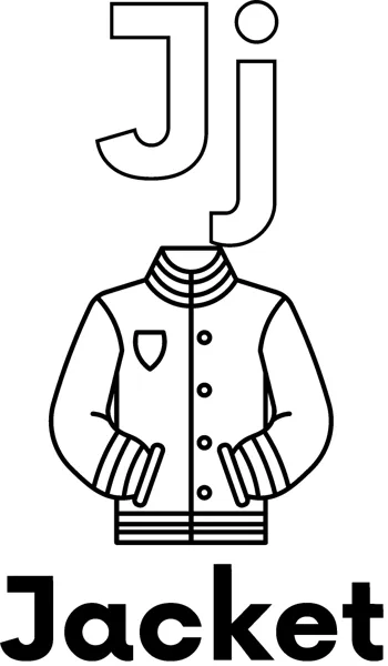 A large outlined letter J above a zip-up jacket with ribbed cuffs and a collar, labeled Jacket.