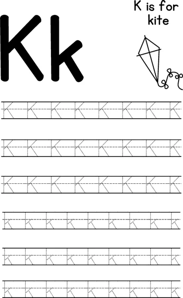 Large letters K and k beside a diamond kite, with rows of dotted letters to trace below.