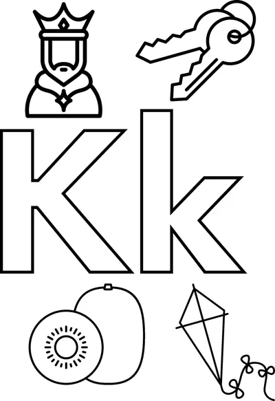 Big bubble letters K and k surrounded by a king, a key, a kiwi fruit and a kite.