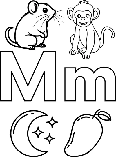 Big bubble letters M and m surrounded by a mouse, a monkey, a crescent moon and a mango.