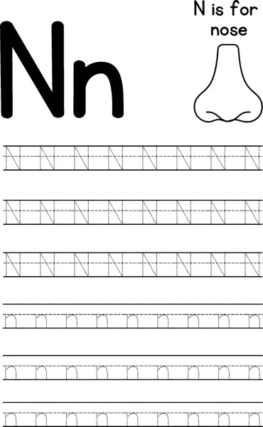 Large letters N and n beside a simple nose outline, with rows of dotted letters to trace below.