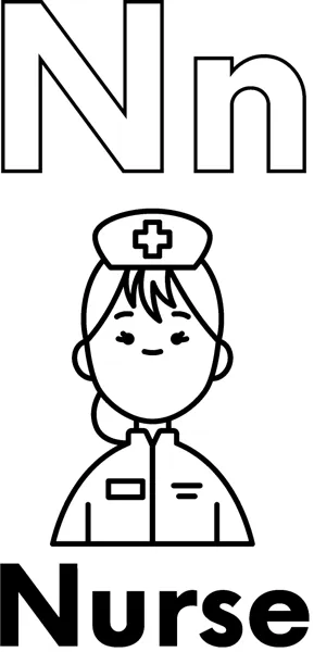 A large outlined letter N above a smiling nurse wearing a cap with a cross, labeled Nurse.