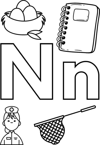 Big bubble letters N and n surrounded by a nest of eggs, a notebook, a nurse and a net.
