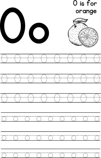 Large letters O and o beside an orange with a slice, with rows of dotted letters to trace below.