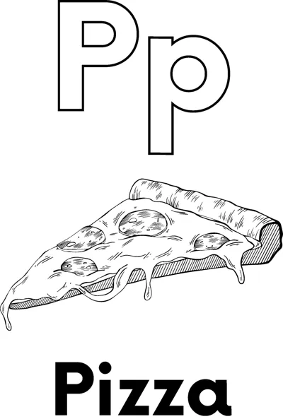 A large outlined letter P above a pizza slice with pepperoni and melting cheese, labeled Pizza.