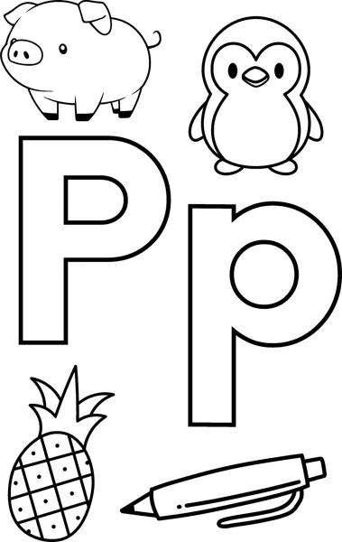 Big bubble letters P and p surrounded by a pig, a penguin, a pineapple and a pen.