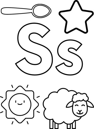 Big bubble letters S and s surrounded by a spoon, a star, a smiling sun and a sheep.