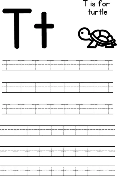 Large letters T and t beside a small turtle, with rows of dotted letters to trace below.