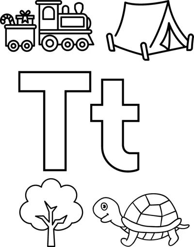 Big bubble letters T and t surrounded by a toy train, a tent, a tree and a turtle.