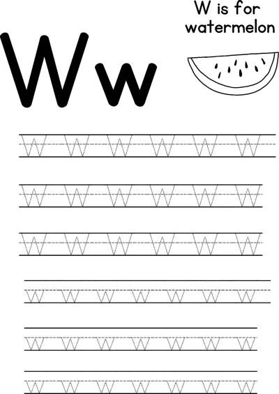 Large letters W and w beside a watermelon slice, with rows of dotted letters to trace below.