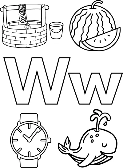 Big bubble letters W and w surrounded by a well, a watermelon, a wristwatch and a whale.