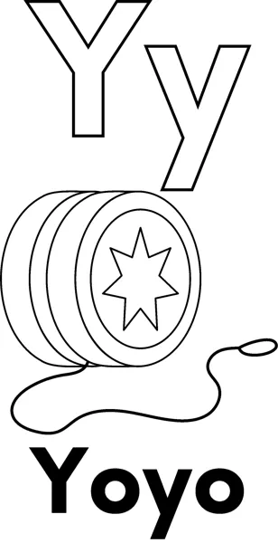 A large outlined letter Y above a yoyo with a star on its side and a looping string, labeled Yoyo.