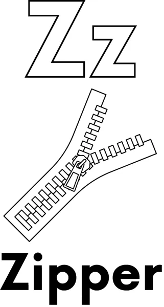A large outlined letter Z above an open zipper with teeth and a pull tab, labeled Zipper.