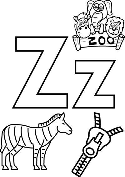 Big bubble letters Z and z surrounded by a zoo sign with animals, a zebra and a zipper.