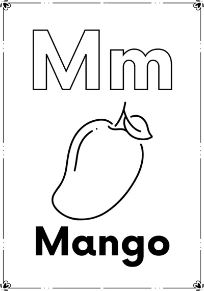 Outlined letters Mm above a whole mango with a leaf and the word Mango, inside a decorative frame.