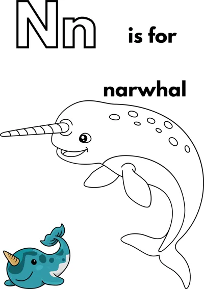 A large outlined letter N, the words is for narwhal, and a smiling narwhal with a long spiral tusk.