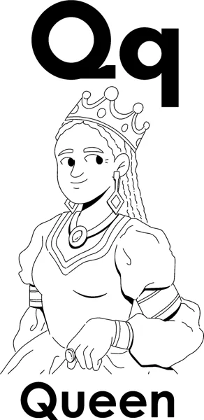 The letters Qq above a queen wearing a crown, necklace and gown, and the word Queen printed below.