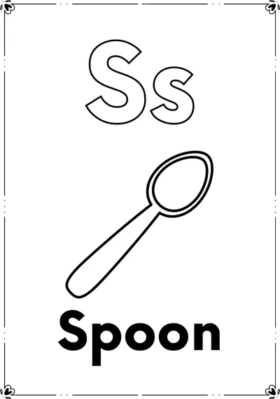 Outlined letters Ss above a single spoon and the word Spoon, inside a decorative frame.