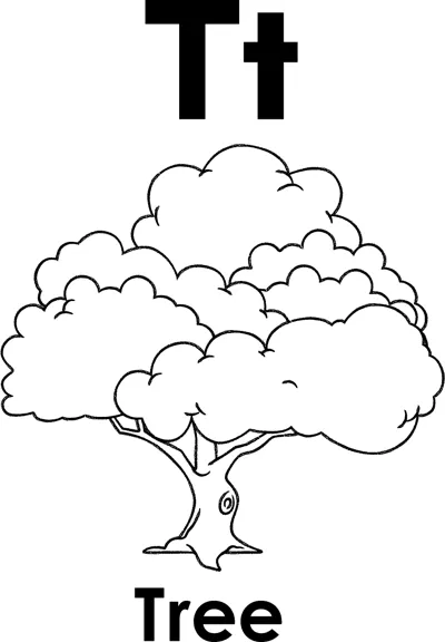 The letters Tt above a bushy tree with a thick trunk and cloud-like leaves, and the word Tree printed below.