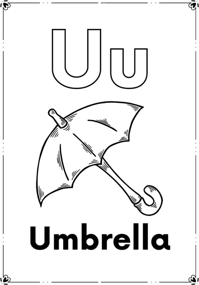 Outlined letters Uu above an open umbrella with a curved handle and the word Umbrella, inside a frame.