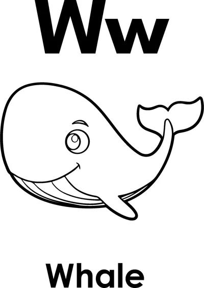 The letters Ww above a smiling cartoon whale with a raised tail, and the word Whale printed below.