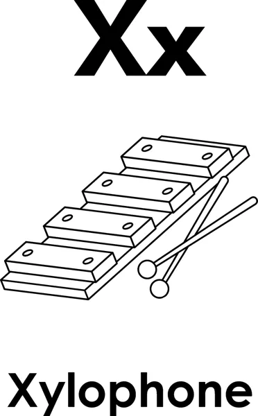 The letters Xx above a xylophone with four bars and two mallets, and the word Xylophone printed below.