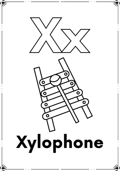 Outlined letters Xx above a xylophone with bars and mallets and the word Xylophone, inside a frame.