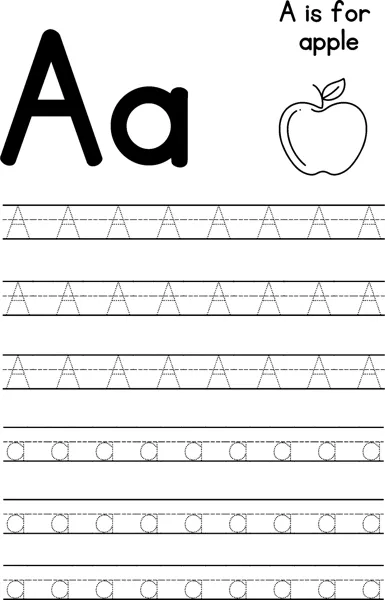 Large letters A and a beside a small apple, with rows of dotted letters to trace below.