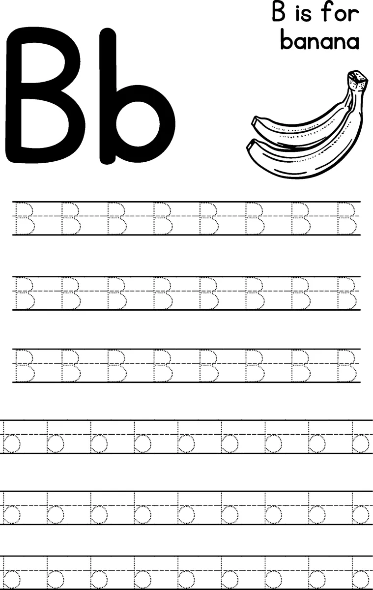 Large letters B and b beside a bunch of bananas, with rows of dotted letters to trace below.