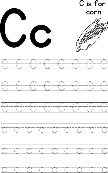 Large letters C and c beside an ear of corn, with rows of dotted letters to trace below.