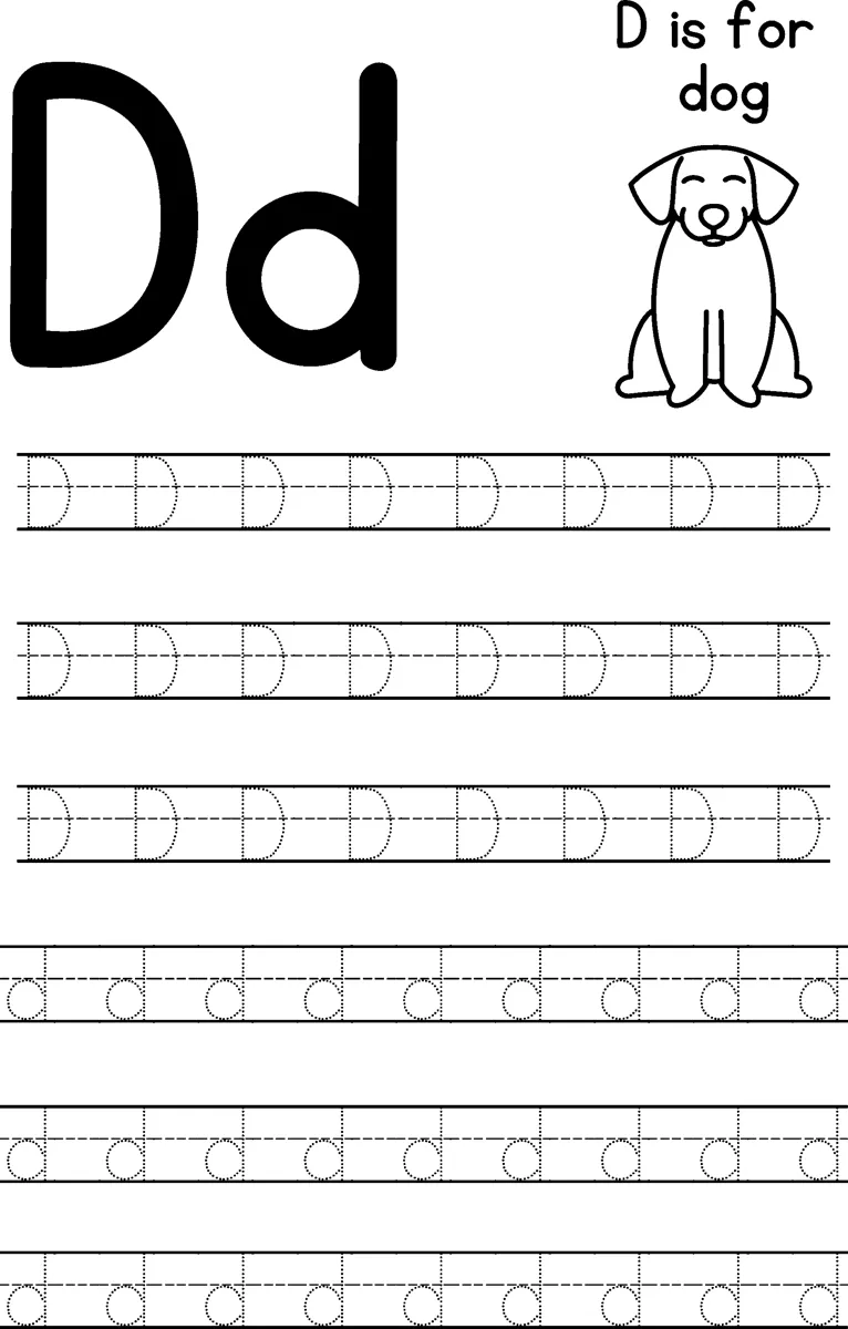 Large letters D and d beside a sitting puppy, with rows of dotted letters to trace below.