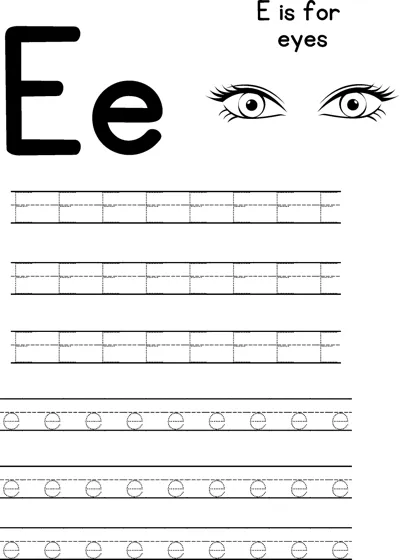 Large letters E and e beside a pair of eyes, with rows of dotted letters to trace below.